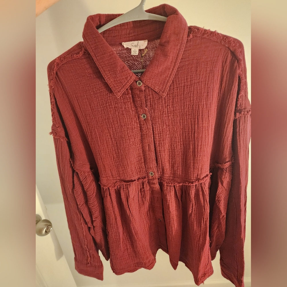 Easel Burgundy Button-Down Shirt Ruffled Distressed Edges NWT Large Boho Cool